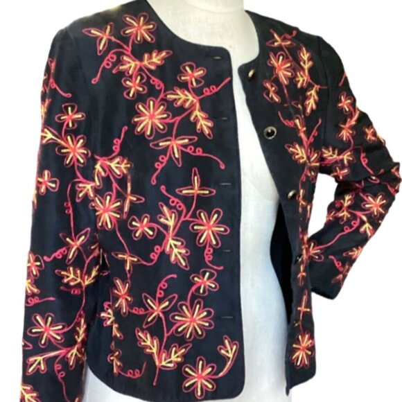 Maggy L Silk Embroidered Flower Button-Up Lady Jacket Sz 10 Black #110L - Picture 4 of 7
